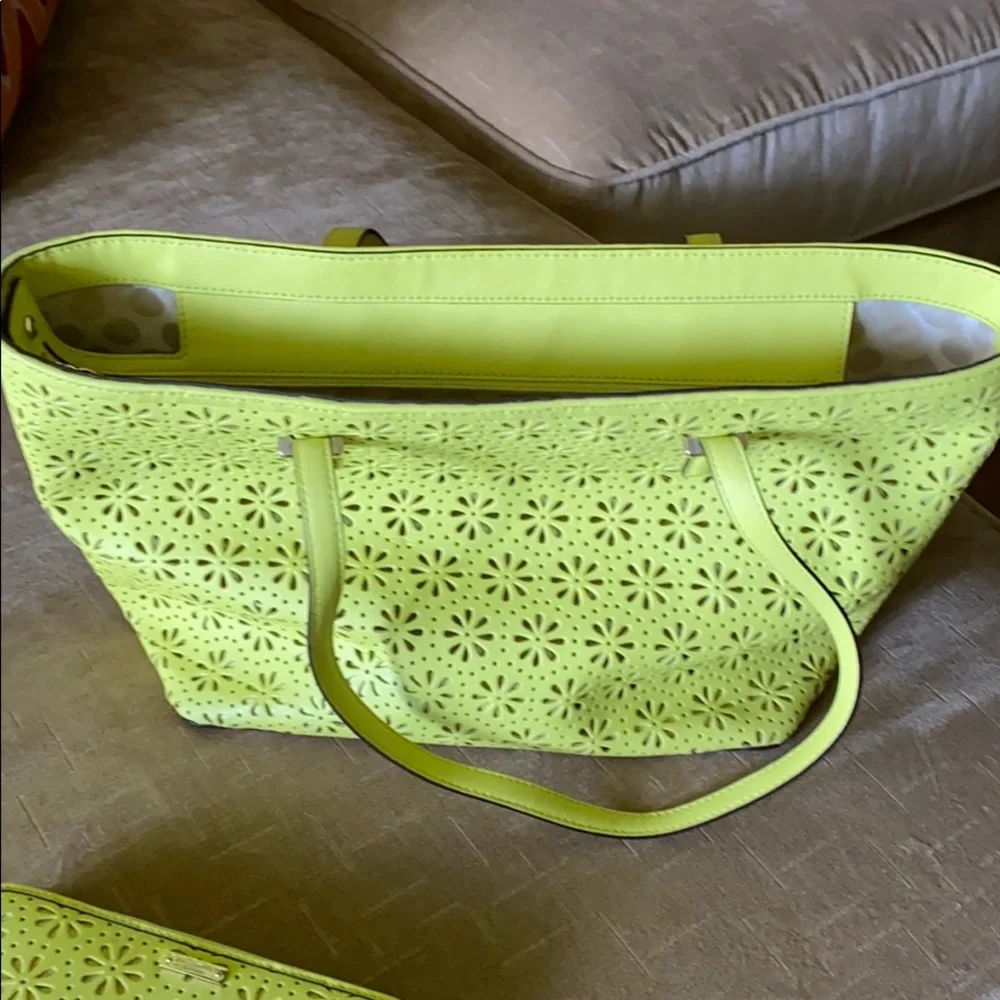 kate spade lime green laser-cut tote with matching wallet